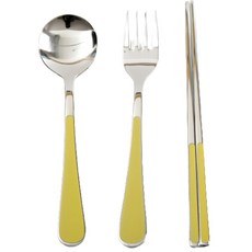 Willive 韓國製 304不鏽鋼 Nino 陶瓷兒童餐具組, 芥末黃, 湯匙 + 叉子 + 筷子