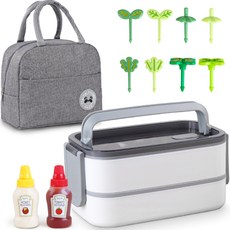 inbloom 暖白便當 + 迷你醬料罐 + 野餐保溫保冷便當袋 + 新芽裝飾叉 8件組, 灰色(袋), 1套