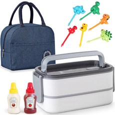 inbloom 暖白色便當 + 迷你醬料罐 + 野餐保溫便當袋 + 恐龍裝飾籤6件組, 海軍藍(提袋), 1套
