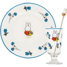 米菲玻璃杯甜品套組3款, 杯子+碟子+攪拌棒, 藍色