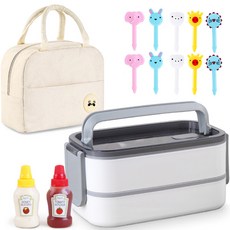 inbloom 白色便當盒+迷你醬料瓶+保溫袋+便當裝飾叉, 米色（包）, 1組