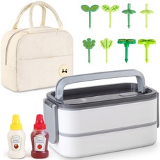 inbloom 暖白便當 + 迷你醬料罐 + 野餐保冷便當袋 + 嫩芽造型裝飾叉8件組, 米色(包), 1套