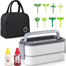 inbloom 暖白便當 + 迷你醬料罐 + 野餐保冷便當袋 + 嫩芽造型裝飾叉8件組, 黑色(包), 1套