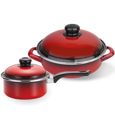 ELO Cook Pot紅色琺瑯雙耳鍋+單柄鍋組, 火鍋鍋24cm+單人鍋14cm, 紅色的
