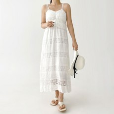 플랜데이 여성용 로아 가슴셔링 프릴장식 레이스 끈 나시 롱원피스