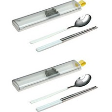 LIMEOLIVE 滑動攜帶式餐具盒 2組, 白色, 勺子 2p + 筷子 2p + 盒子 2p + 矽膠座 2p