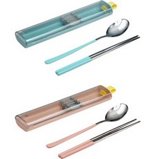 LIMEOLIVE 滑動攜帶式餐具盒 2件組, 薄荷, 粉紅色, 2種勺子+2種筷子+2種盒子+2個矽膠支架