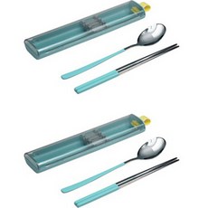 LIMEOLIVE 滑動攜帶式餐具盒 2組, 薄荷, 勺子 2p + 筷子 2p + 盒子 2p + 矽膠座 2p