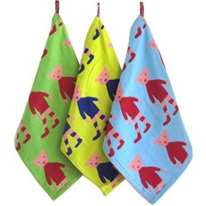 Core貿易 北歐風純棉紗布插畫廚房毛巾 熊 3件組, 綠色 + 黃色 + 藍色, 1套