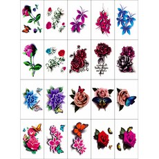 玫瑰花3D立體紋身貼紙 20款入, 混色, 1組