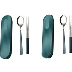 開放式便攜式2人餐具盒套組, 勺子 2p + 筷子 2p + 盒子 2p + 底座槽 2p, 綠色