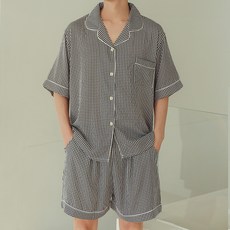 GLAM GONGGAM 泡泡紗夏季格紋短袖兩件式夏季情侶涼感睡衣上下衣套組