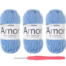 布條編織線 3捲+鉤針, 70天藍色, 1組