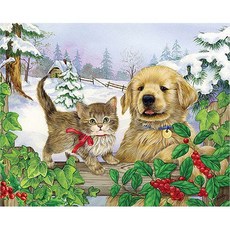 KMELLIE 圓形水鑽 3D 鑽石畫 DIY 套組 畫布畫框一體成型 50 x 40 cm, 小狗與貓, 1個