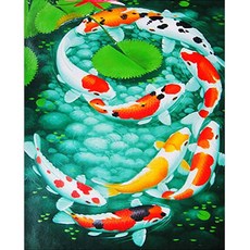 KMELLIE 圓形水鑽 3D 鑽石畫 DIY 套組 含框畫布 40 x 50 cm, 吉運九魚圖, 1個