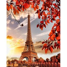 KMELLIE 圓形水鑽 3D 鑽石畫 DIY 套組 含框畫布 40 x 50 cm, 秋日艾菲爾鐵塔, 1個