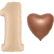 GRABO BALLOONS Grabo 銀箔數字 1 大型 102cm + 銀箔愛心套組, 拿鐵, 巧克力, 1套