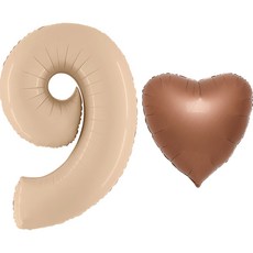 GRABO BALLOONS Grabo 銀箔數字 9 大型 102cm + 銀箔愛心 套組, 拿鐵, 巧克力, 1套
