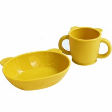 幼兒用白金矽膠餐具 2件組, 黃色, 泰迪熊碗+雙手水杯, 1組