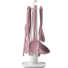 粉彩矽膠烹飪用具組, 6種炊具+掛架, 深粉色(烹飪用具)+象牙白(掛架), 1組
