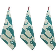 北歐風三層純棉紗布插畫廚房毛巾 貓咪, 綠色, 3個