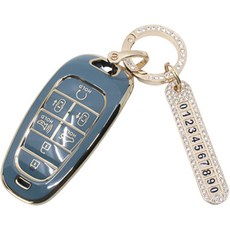 ruzen 汽車智慧TPU鑰匙殼 + 方晶鋯石環 + 電話號碼牌組, 灰藍色, 現代-03(7按鈕-鎖定)