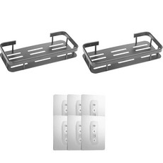 JSMOM 免鑽孔多用途鋁製一字層架 2入 + 吸盤貼片 6入組, 黑色, 1套