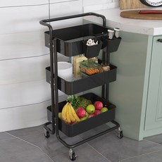 마벨인홈 고급형 이동식 메탈 수납 선반 트롤리, 블랙, 3단