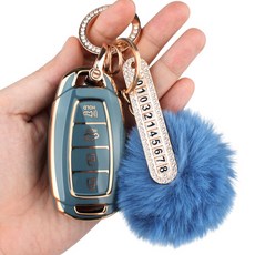 GMZ MOTORS 現代4鍵專用 Grandeur Santa Fe TM Kona 高級TPU鑰匙圈 電話號碼環 貂毛球 鑰匙殼, AH-01(球型掛繩), 灰藍色