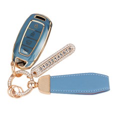 GMZ MOTORS 現代4鍵專用 Grandeur Santa Fe TM Kona 高級TPU鑰匙殼 電話號碼環 皮革掛繩 禮品盒套組, AH-01(皮革掛繩), 灰藍色