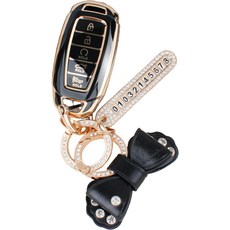 GMZ MOTORS 現代5鍵 Palisade Santa Fe CN7等 高級TPU鑰匙圈 + 水鑽O型環 + 電話號碼環 + 安裝工具 + 緞帶掛繩 + 禮品盒套組, AH-02(緞帶掛繩), 摩登黑