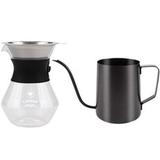 Caferia 居家咖啡館 CDG1 + CKPT2 禮盒組, 雙層不鏽鋼濾網 + 玻璃咖啡分享壺 400ml + 橡膠握把 + 鐵氟龍塗層手沖壺 600ml