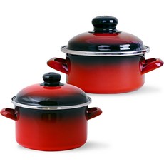 ELO 電磁爐炊具紅色琺瑯2件組, 紅色, 深型鍋 16cm + 淺型鍋 18cm