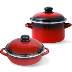 ELO 電磁爐用紅色琺瑯鍋具2件組, 紅色, 火鍋 20cm + 深型 18cm