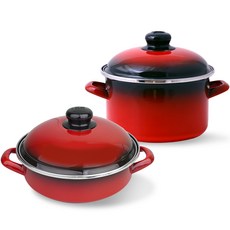 ELO 電磁爐用紅色琺瑯鍋具2件組, 紅色, 火鍋 20cm + 深型 16cm