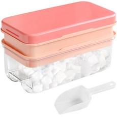 Nature Living 矽膠按壓式製冰盒收納桶 雙層 + 冰鏟組, 粉紅色