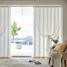 Modern House ON마리 雙層蕾絲遮光窗簾 2件組, 白色