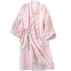 女性用優選花卉圖案長版襯裙純棉浴袍 L, 粉紅色, 1個
