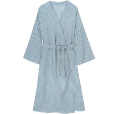 Good Shop 高級格紋V領居家長罩袍 M, 1個, 藍色