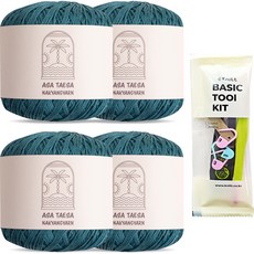 Knitt 亞麻扁線 70g x 4入 + 編織基本工具組, 515 土耳其綠, 1套