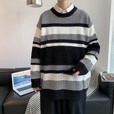 男士用 Mensgun 圓領Z字形條紋針織毛衣 00094