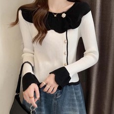 ViVEMO 女款奢華荷葉邊珍珠鈕扣羅紋開襟衫 04427