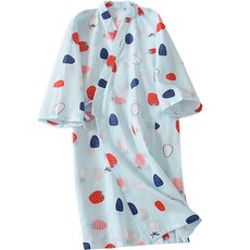 Good Shop 四季紗布棉質可愛睡袍 M, 天藍草莓, 1個