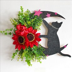月亮貓咪花環門壁飾花圈掛飾, 紅色向日葵