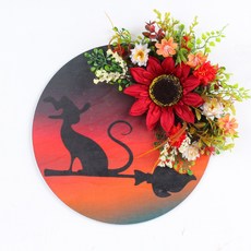 月亮貓咪花環門壁飾花圈掛飾, 女巫貓咪向日葵