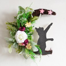 月亮貓咪花環門壁飾花圈掛飾, 綠白色芍藥