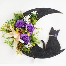月亮貓咪花環門壁飾花圈掛飾, 三朵紫色玫瑰
