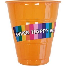 Marcus Store 彩色塑膠生日派對杯 20入 + Super Happy Day 貼紙 20張 套組 橘色, 1套