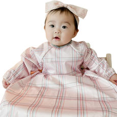 BelleBaby 餐桌一體式自主餵食圍兜 長袖全罩式 原創款, 粉紅格紋, 1入, 1個
