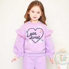 JELISPOON 女童款心形花朵圖案荷葉邊長袖長褲套裝